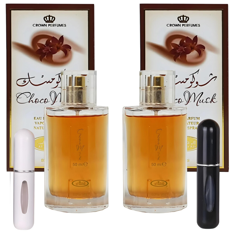 2 x Choco Musk 50ml Eau de Parfum Spray by Al Rehab â Arabic Perfume Women & Men â Includes 2 Mini Perfume Travel Atomiser, Ideal for Vanilla