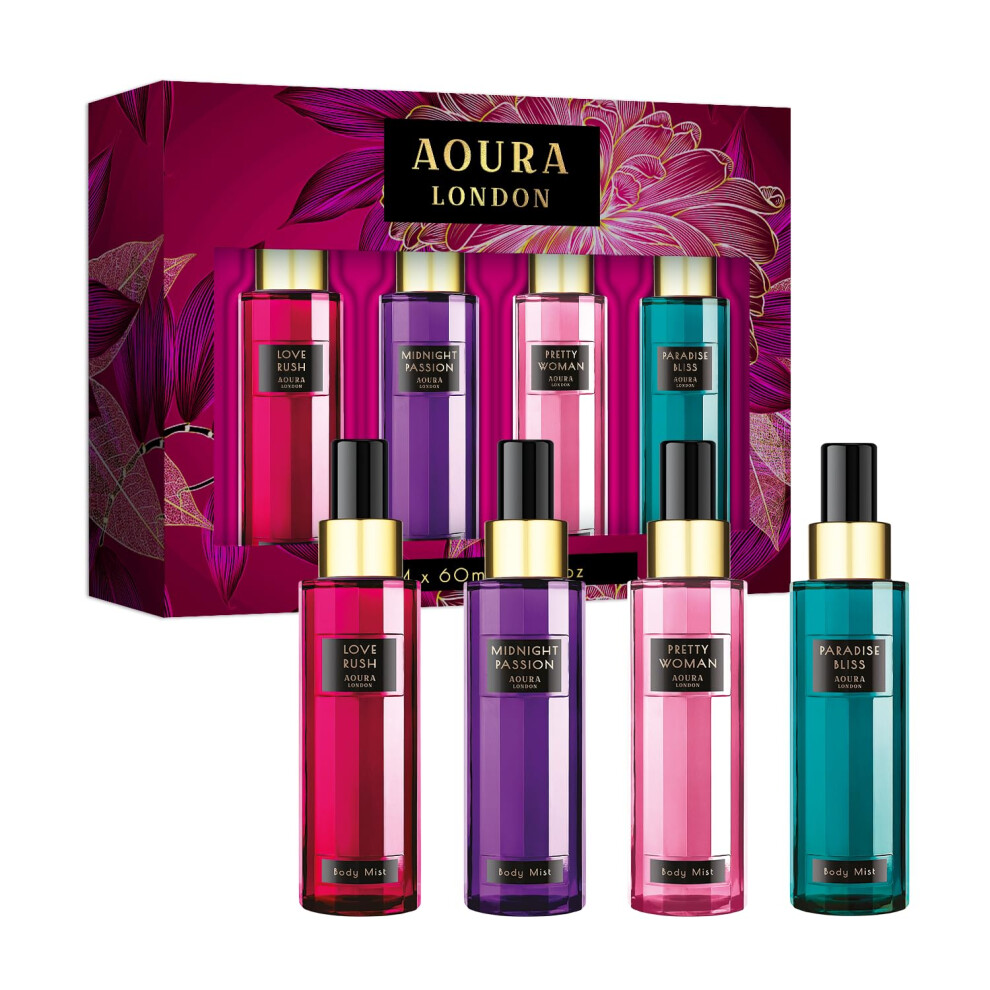 LONDON Collection Set Womens Body Mist Gift Set, with Midnight Passion, Love Rush, Pretty Woman, & Paradise Bliss, Fragrance Spray Set (4x60ml)