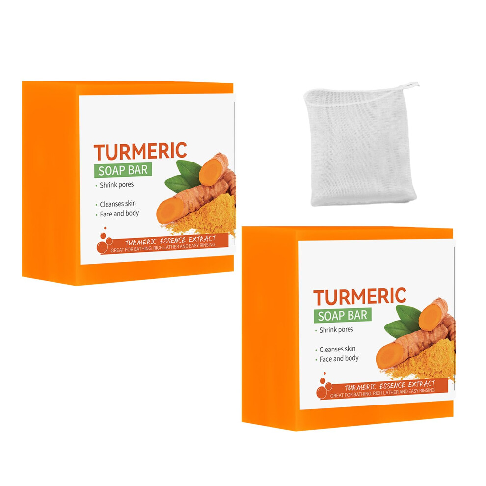 2 PCS Turmeric Soap Tumeric Soap Acne Dark Spot Smooth Skin Turmeric Soap Bar with Foaming Net Suitable for Face and Body Anti-Freckles Moisturizing