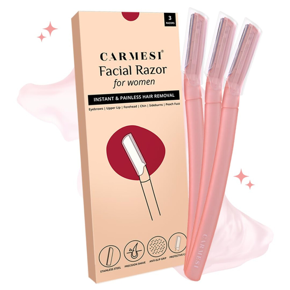 Carmesi Facial Razor For Women | Instant & Painless Hair Removal | Glowing Skin | Eyebrows, Upper Lip, Forehead, Peach Fuzz, Chin, Sideburns | Pack Of 3