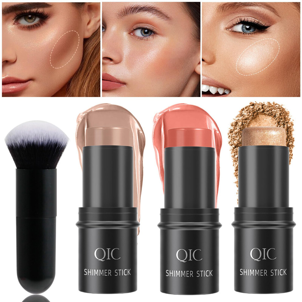 3Pcs Contour Stick, Bronzer Highlighter and Blush Sticks, Cream Contour Beauty Wand with Brush, Long Lasting & Smooth Natural Face Contouring