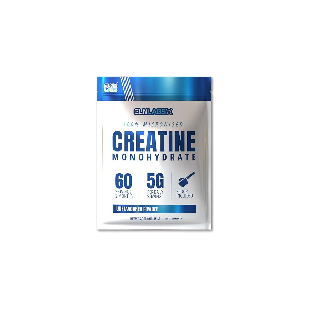 Cln Labs Creatine Monohydrate Powder - 300G (60 X 5G Servings) | 200 Mesh Fine Grade Powder, Pure & Mixes Easily | Includes Scoop | Unflavoured | Made In The