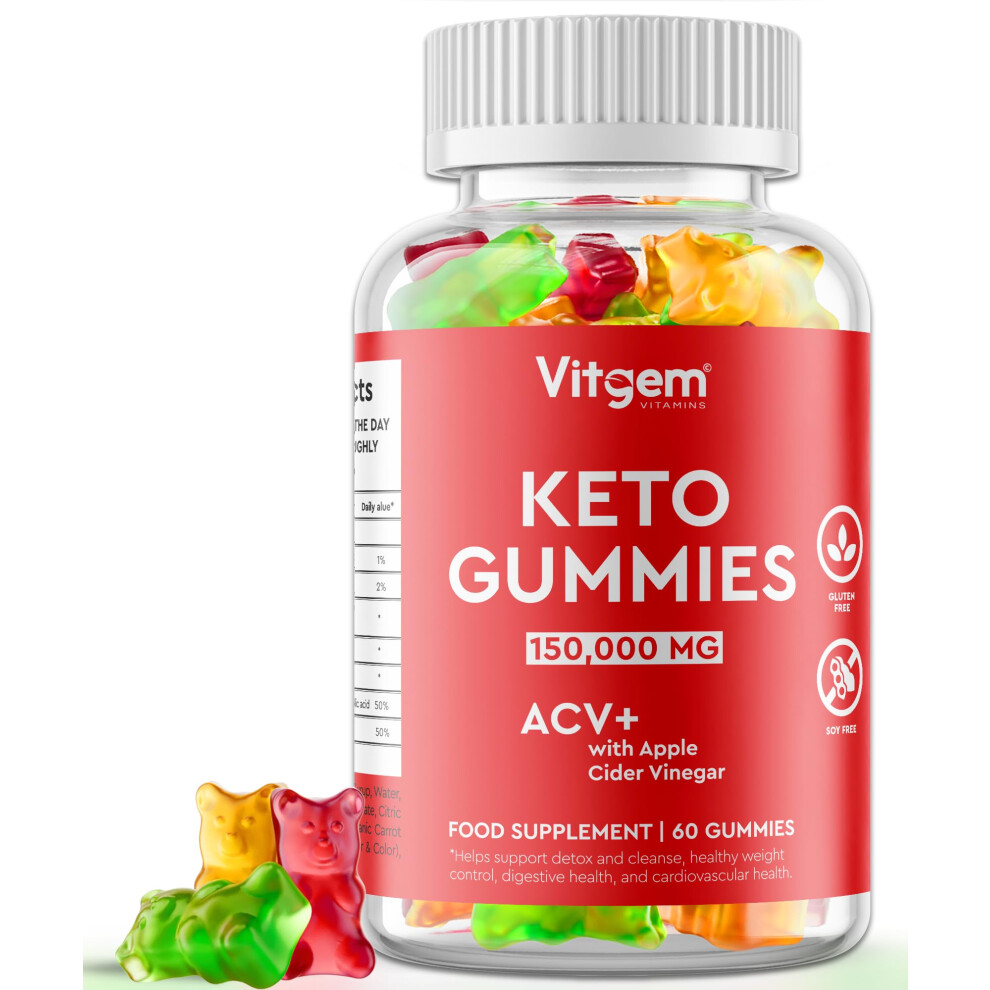 Vitgem 60 Keto Gummies - Vegan And Gluten Free Ketogenic Weight Loss Support Supplement - Low Calorie Natural Flavoured Apple Cider Vinegar Acv Gummy For