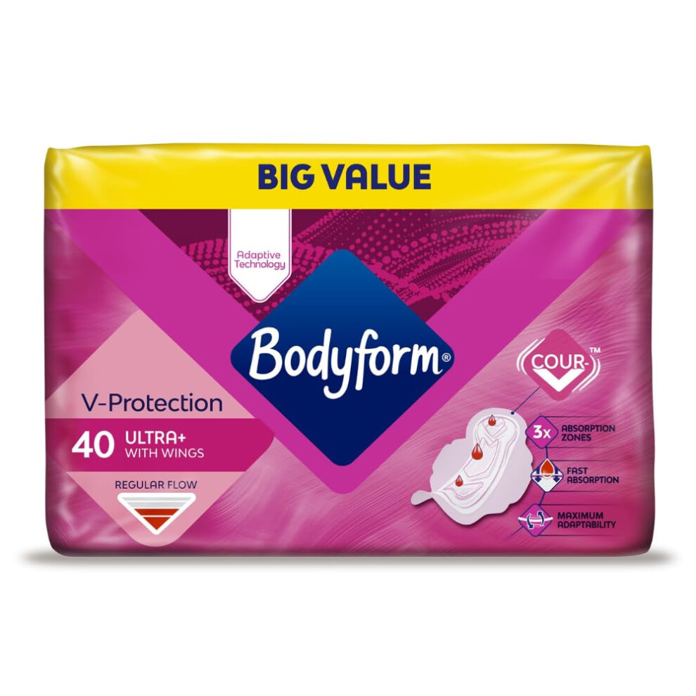Laghman Bodyform Ultra+ Sanitary Towels With Wings (40 Pads), Period Pads With V-Protection, Regular Flow Cour-V Technology With Fast Absorption