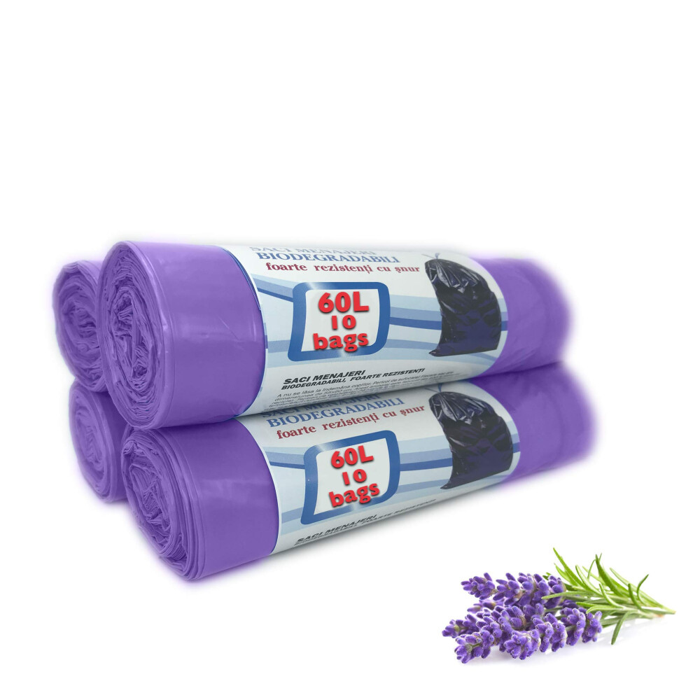 Lavender Scented 4 Rolls 60L Litre, Counts 40 Bin Bags 100% Recycled Plastic Bin Liners, Very Strong with Drawstring Trash Bags for Kitchen, Office