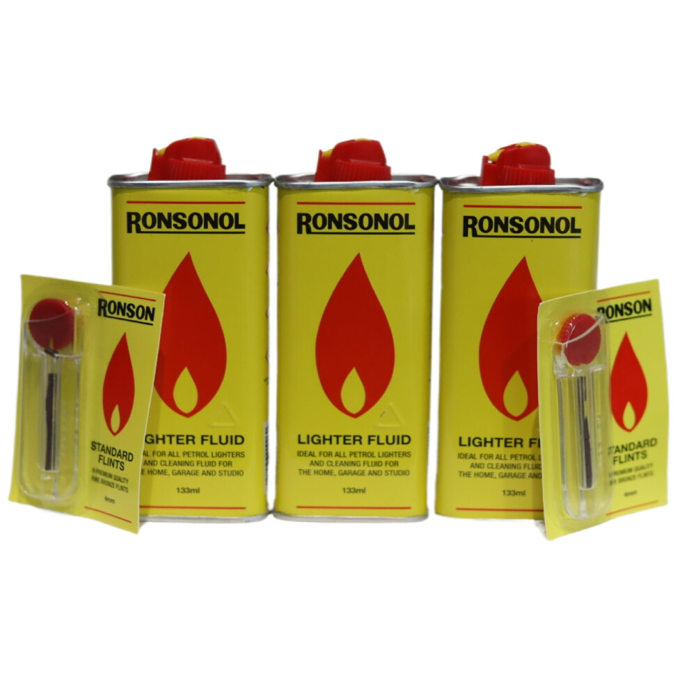 Zeneos 3 X Lighter Fluid 133Ml - Long-Lasting, Clean Burning Fuel For Everyday Use With 2 X Ronson '9S' Flints
