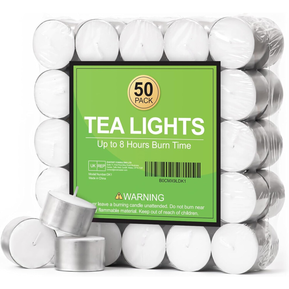 8 Hour Tea Lights Candles, Long Burning Tealights Candle Unscented White, 50 Pack