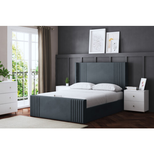 DS Living (Small Single, Steel) Elara Winged Paneled Upholstered Bed
