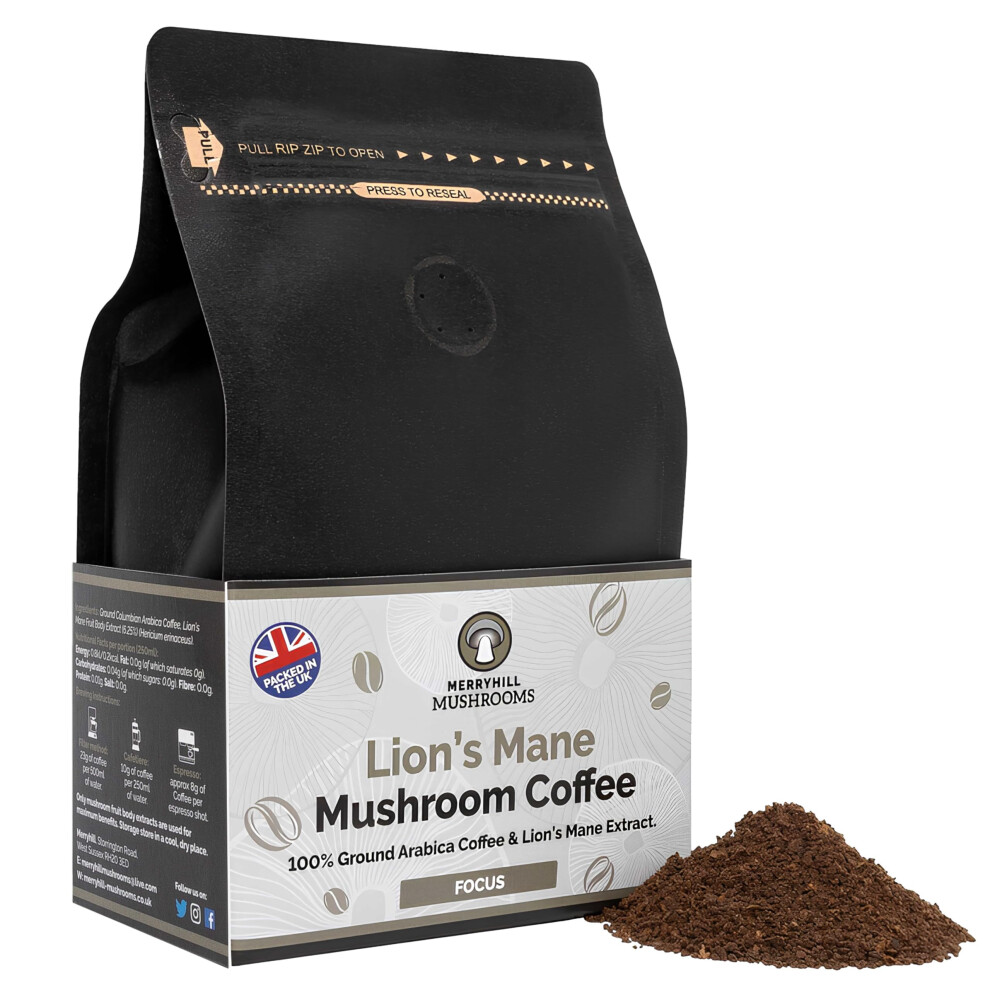 - Lion's Mane Mushroom Ground Coffee - Focus | Adaptogenic, Medium Roast Mushroom Coffee Made With Lion's Mane Extract (250g)