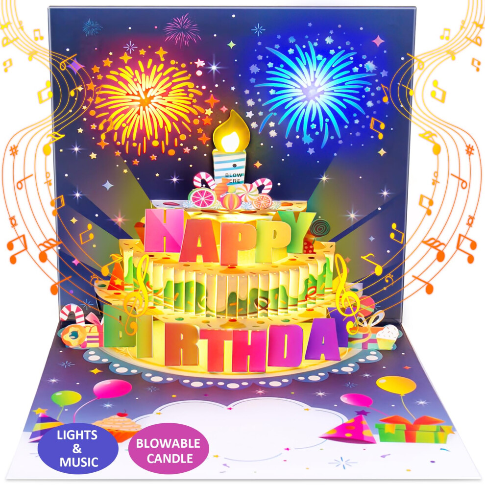 Birthday Cards, Pop-up MUSIC & LIGHTS & BLOWABLE CANDLE Fireworks Birthday Greeting Cards, Birthday Gifts for Women Men Husband Wife Sister Friends