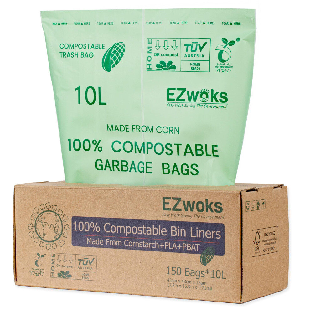 10L-150Count Compostable Caddy Liners With EN13432 Certificate Biodegradable Food Waste Bags 10L Caddy Kitchen Bin Liners Food Caddy Bags