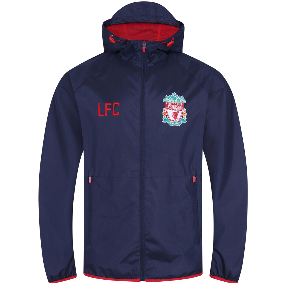 (Navy Peak Hood, Large) Liverpool FC Official Football Gift Mens Shower Jacket Windbreaker