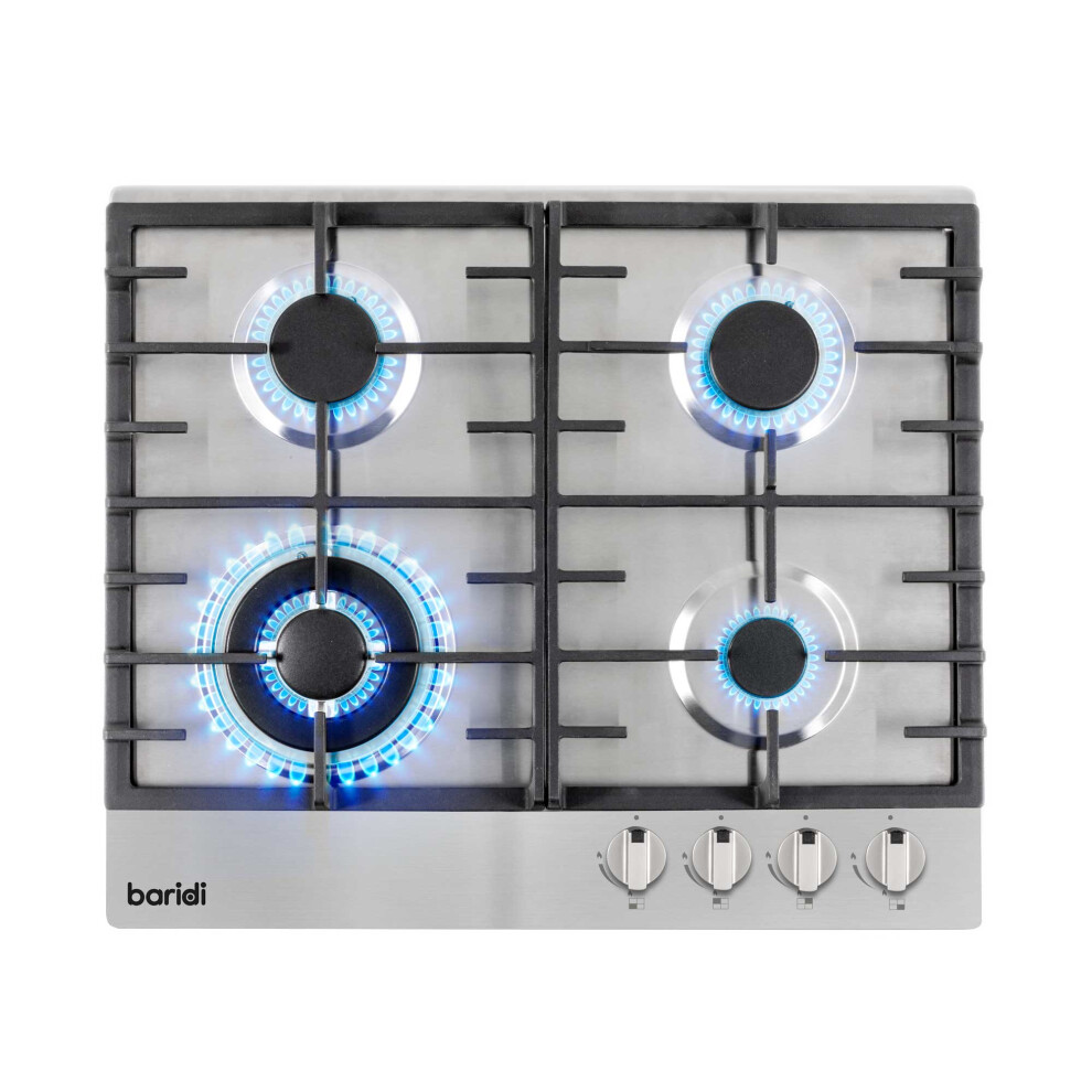 Baridi 60cm Gas Hob Built-In, 4 Burner and Cast Iron Pan Supports, Stainless Steel - DH225