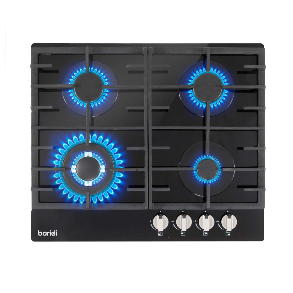 Baridi 60cm Gas Hob Built-In, 4 Burner and Cast Iron Pan Supports, Black Glass - DH226