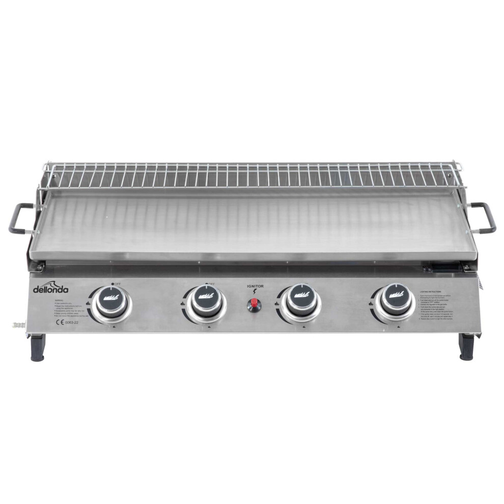 Dellonda 4 Burner Portable Gas Plancha with Warming Rack 10kW Stainless Steel