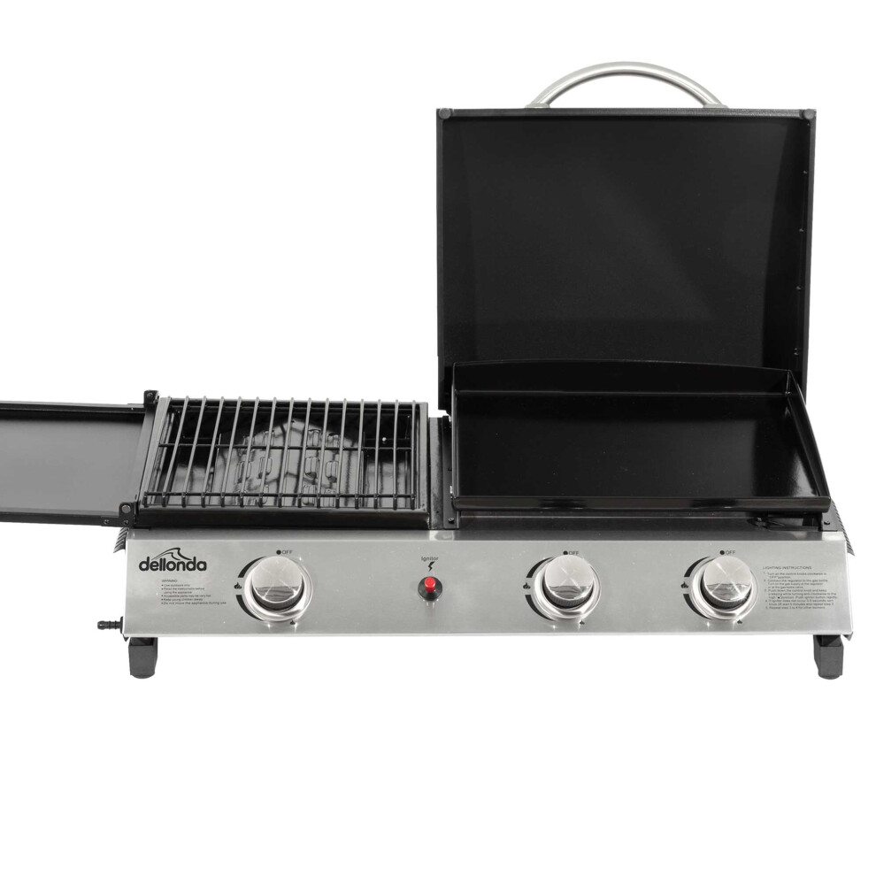 Dellonda 3 Burner Portable Gas Plancha/Grill 8.5kW BBQ Griddle, Stainless Steel