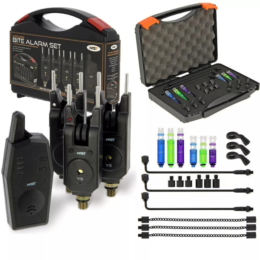 Ngt 3Pc Carp Fishing Vs Bite Alarm Set With Receiver + Indicator Bobbins Hangers