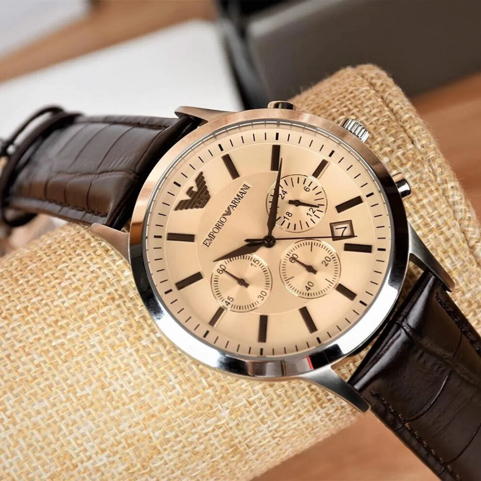 EMPORIO ARMANI MEN'S AR2433 BROWN LEATHER STRAP BEIGE DIAL SILVER CASE