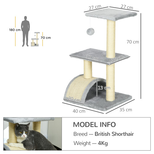PawHut PawHut 72cm Cat Tree Tower with Scratching Post Perch, Indoor, Light Grey 1