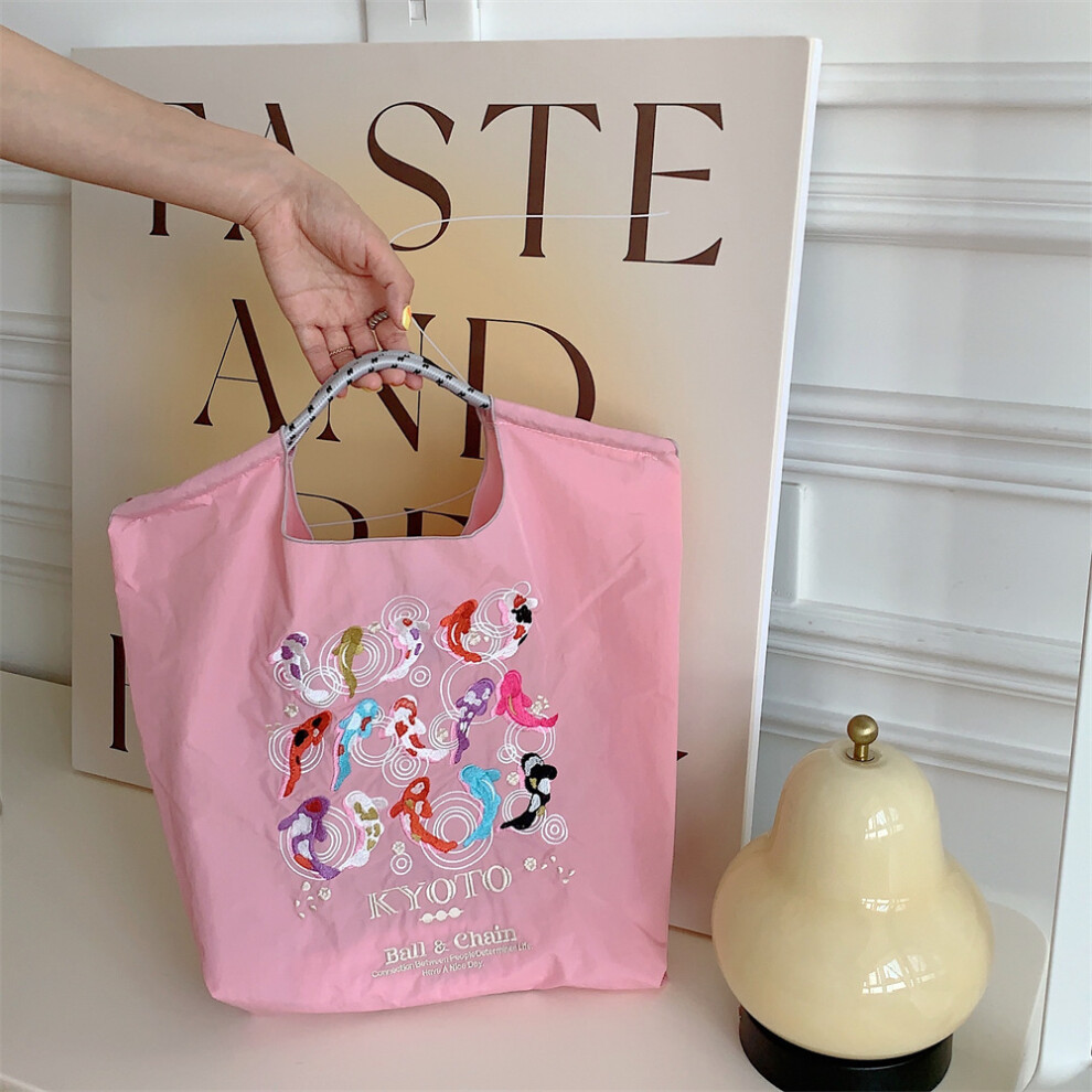 Pink Koi Embroidered Fashionable Nylon Tote Bag With Large Capacity For Daily Use