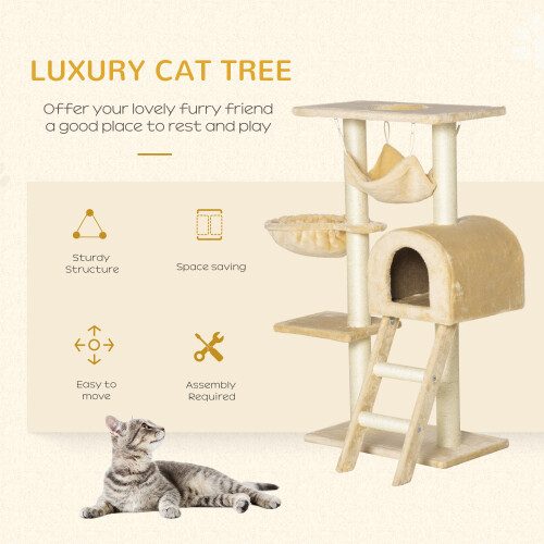 PawHut PawHut Cat Tree Scratching Post Kitten Activity Centre with Hammock, Beige 2