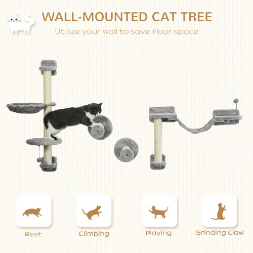 PawHut PawHut 4Pcs Wall Mounted Cat Shelves with Hammock, Scratching Post, Grey 2
