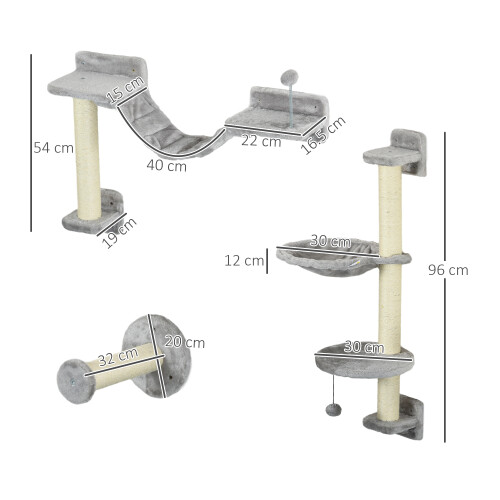 PawHut PawHut 4Pcs Wall Mounted Cat Shelves with Hammock, Scratching Post, Grey 1