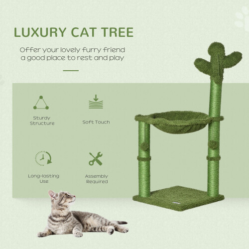 PawHut PawHut Cactus Cat Tree Tower with Sisal Scratch Post Hammock, 96cm, Green 2