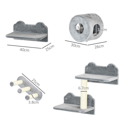PawHut PawHut 4PCs Wall Mounted Cat Furniture Set with Steps Scratching Post, Grey 1