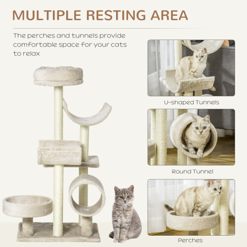 PawHut PawHut Cat Tree Activity Center Scratching Post Perch Tunnel 105cm Beige 2