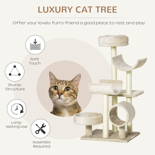 PawHut PawHut Cat Tree Activity Center Scratching Post Perch Tunnel 105cm Beige 1