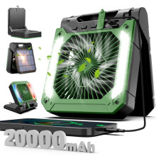 (Green and Black) 20000mAh Portable Electric Fan With Led Light Tent Car Camping Hook&USB&Solar Charging For Hiking Fishing Picnic Emergency