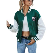 (green JK169, L) 2024 New Women Y2k Harajuku Varsity Baseball Jacket Letter Print Patchwork Long Sleeve Uniform Tops Autumn Single-Breasted Coat