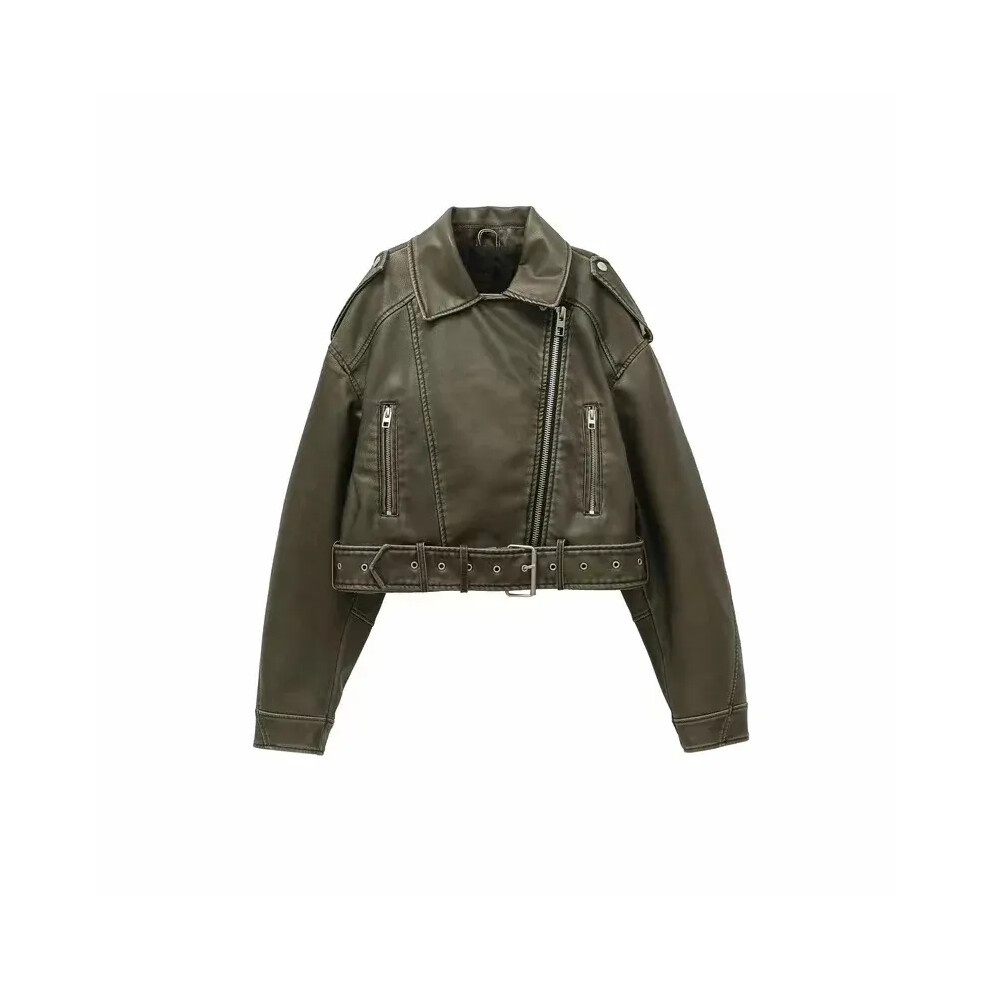 (green JK158, XS) 2024 Autumn Women Vintage Loose Pu Faux Leather Short Jacket With Belt Streetwear Female Zipper Moto Biker Coat Outwear Tops
