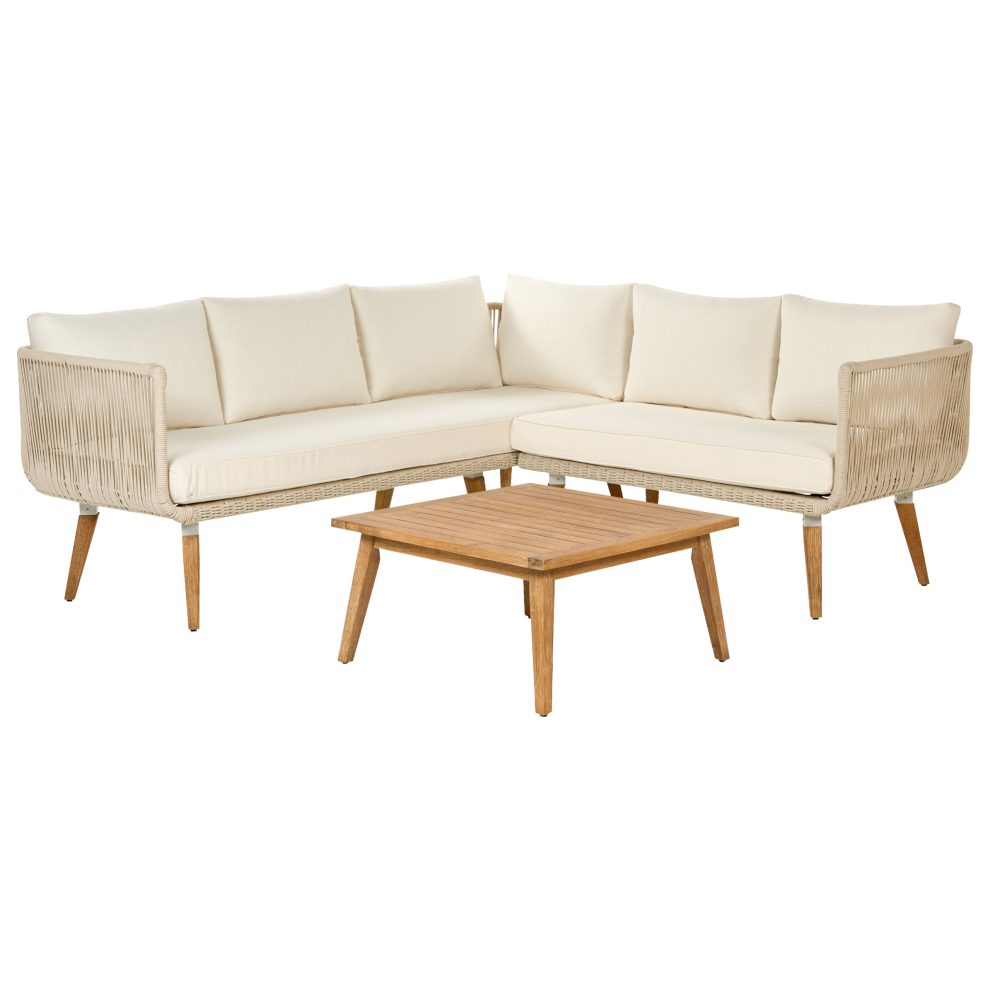 Garden Corner Sofa with Table 5 Seater ALCAMO Left Hand Acacia Wood Light Beige