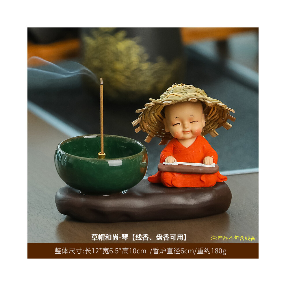 (Straw Hat Monk Qin + Zen Incense Burner [coiled incense and string incense are available]) Creative Zen aromatherapy stove ornaments, home decoration