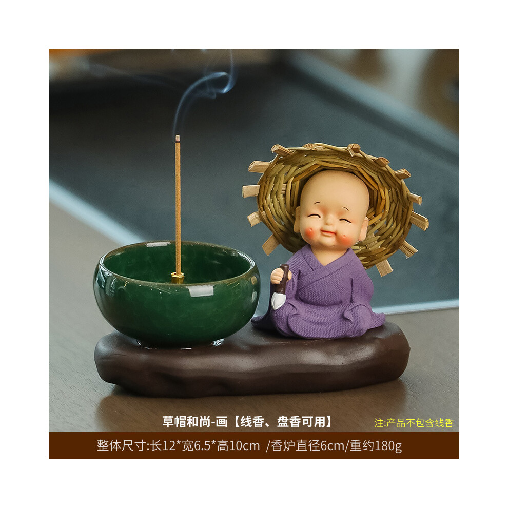 (Straw hat monk painting + Zen incense burner [coiled incense and string incense are available]) Creative Zen aromatherapy stove ornaments, home decor