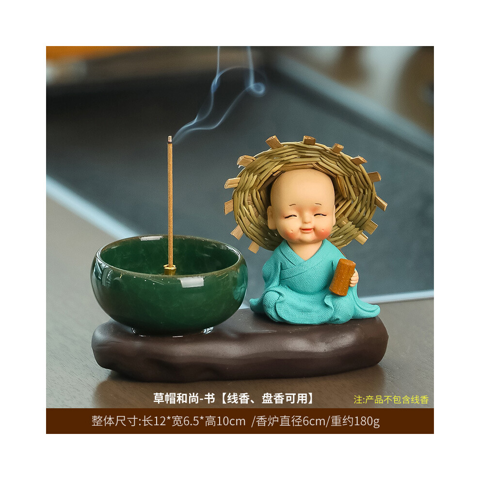 (Straw hat monk's book + Zen incense burner [coiled incense and string incense are available]) Creative Zen aromatherapy stove ornaments, home decorat