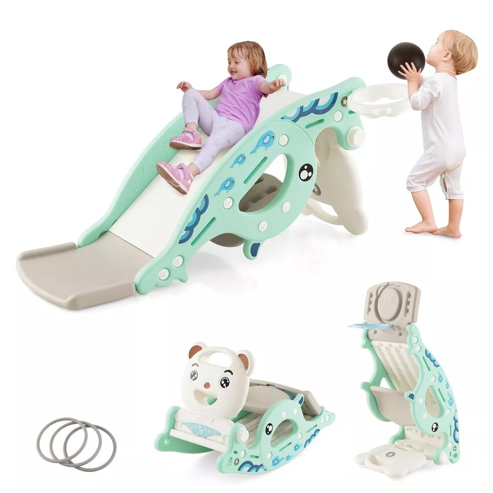 4-in-1 Kids Slide Rocking Toy Slide Rocking Horse w/Basketball Hoop