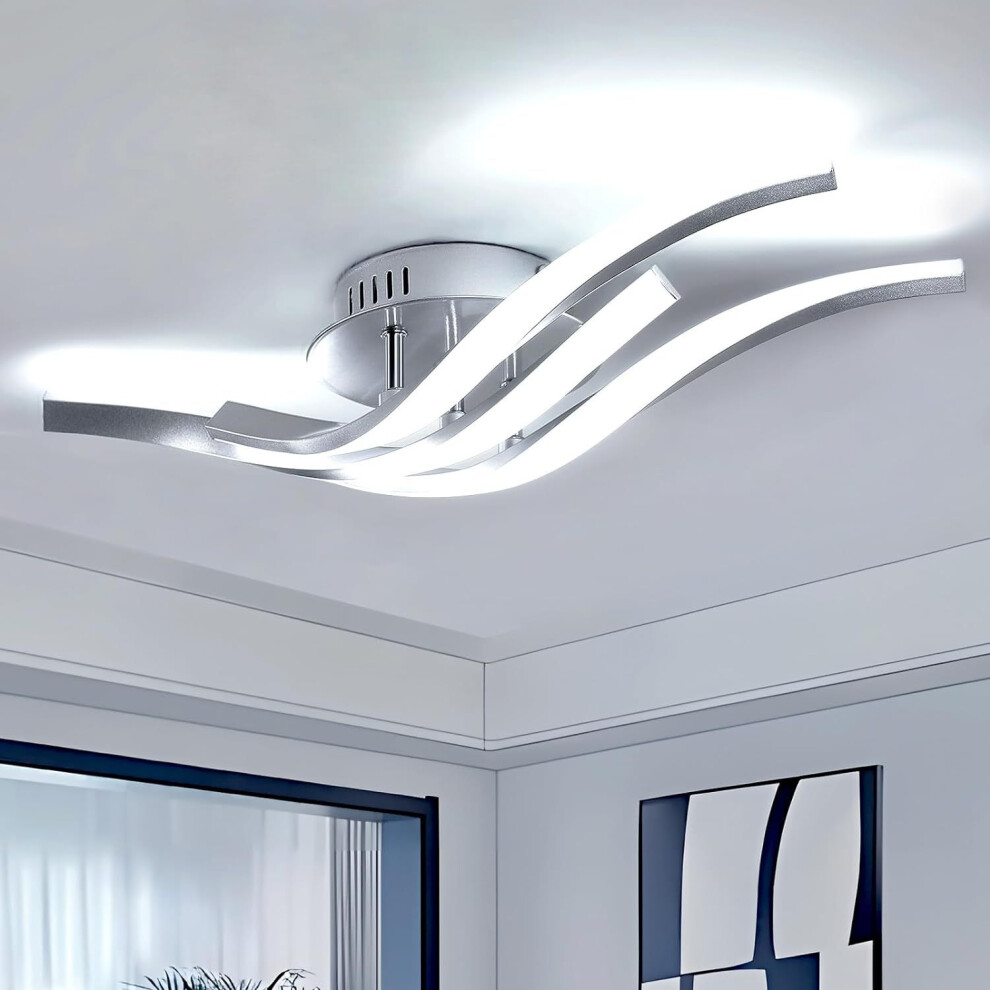 (Three heads silvery white light) 18W Modern Ceiling LED Chandelier With 2 Curved Lights, LED Ceiling Lamp For Bedroom Hallway Kitchen Living Room, White Light 6500K, Silver, 52CM