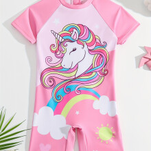 (Pink Color, 4Y) Cute Rainbow Pony Swimsuit for Girls - High Stretch and Comfortable Short Sleeve Swimwear