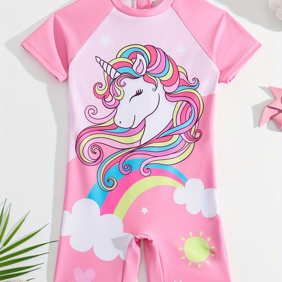 (Pink Color, 6Y) Cute Rainbow Pony Swimsuit for Girls - High Stretch and Comfortable Short Sleeve Swimwear-image-OPC-PF2Z968-NEW