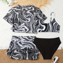 (Black, 9-10Y) 4-Piece Swimsuit Girl's Ocean Waves Print Bikini Set, Mesh Cover-up Top Skirt Swimwear Set, Pool/Beach Swimming Bathing Suits