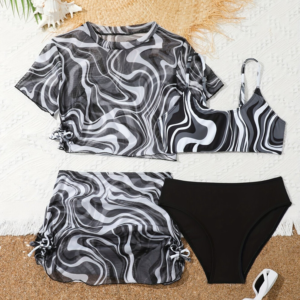 (Black, 7-8Y) 4-Piece Swimsuit Girl's Ocean Waves Print Bikini Set, Mesh Cover-up Top   Skirt Swimwear Set, Pool/Beach Swimming Bathing Suits