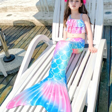 (Pink Color, 7-8Y) Mermaid Swimwear Bikini Set  Fish Tail Cover-up Skirt For Girls, Vibrant Color Fish Scales Print Beach Party Pool Bathing Suit