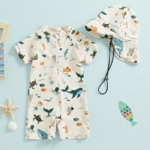 (Beige, 6-12M) Baby Boys Cartoon Ocean Creature Pattern One-piece Swimsuit Hat Set, Quick Dry, Summer Holiday Beach Swimwear