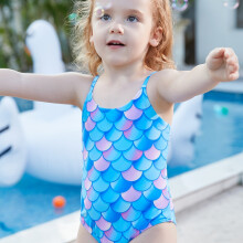 (Blue A, 5-6Y) Color Gradient Mermaid Swimsuit for Girls - UV Protection and Fish Scale Print