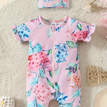 (Light Purple, 12-18M) Baby's Cartoon Flower Pattern Swimming Cap Set, Ruffle Trim Half Zipper Stretchy Bathing Suit, Toddler Girl's Swimwear For Summer Beach Holiday