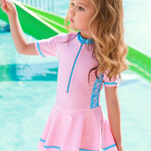 (Pink Color, 5-6Y) Girls Preppy Swimsuit Quick-drying Short Sleeve Sporty Swimsuit With Slip Shorts