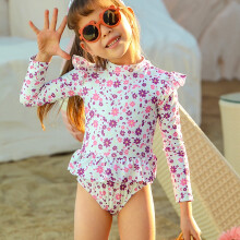 (Small Purple Flowers, 4-5Y) Sweet Girls 1-piece Ruffle Trim Long Sleeve Flora Swimsuit Summer Clothes